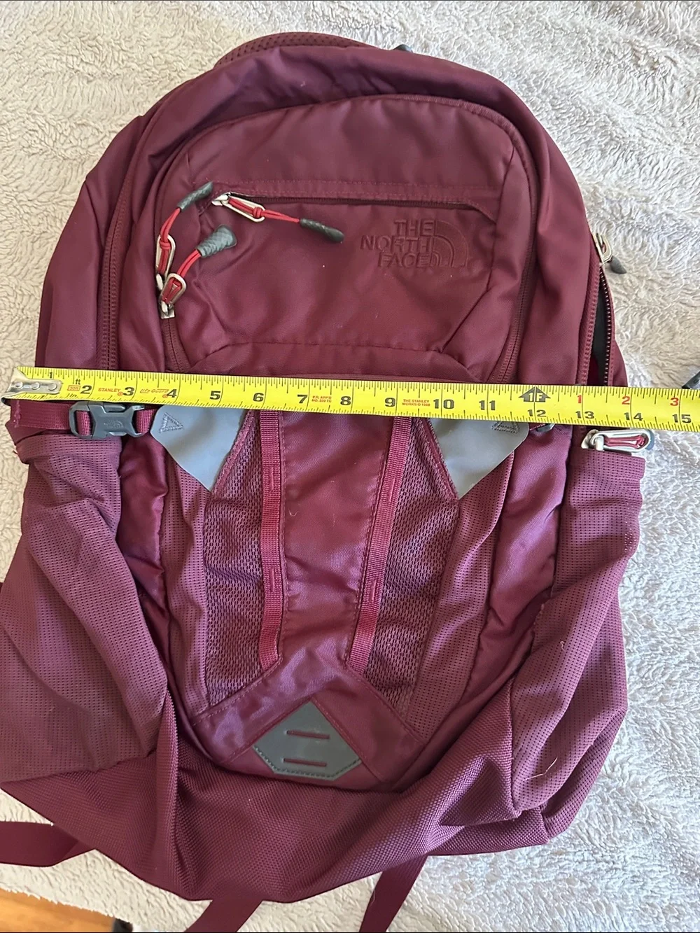 The North Face Maroon Backpack with Gray Accents